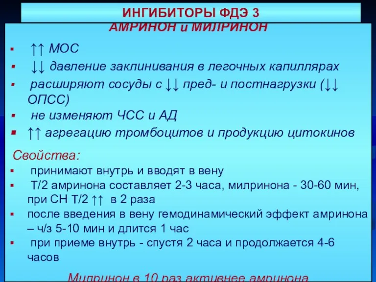 АМРИНОН и МИЛРИНОН ↑↑ МОС ↓↓ давление заклинивания в легочных капиллярах расширяют сосуды