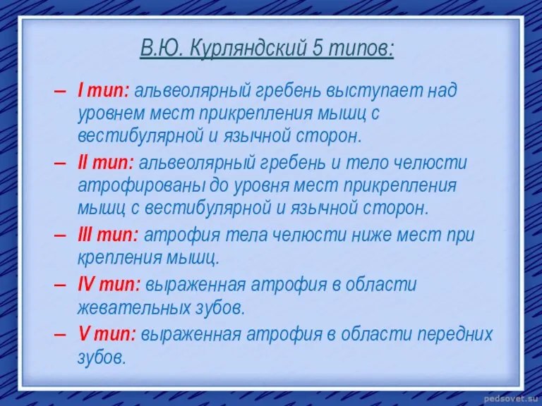 В.Ю. Курляндский 5 типов: I тип: альвеолярный гребень выступает над