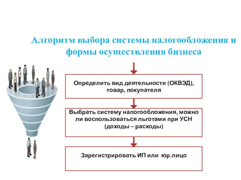 Алгоритм выбора системы налогообложения и формы осуществления бизнеса Определить вид