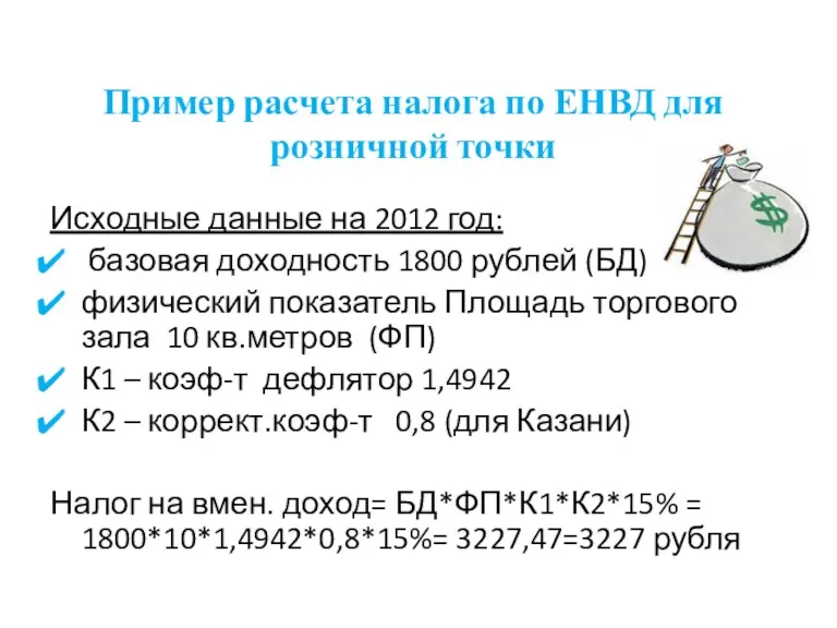 Пример расчета налога по ЕНВД для розничной точки Исходные данные