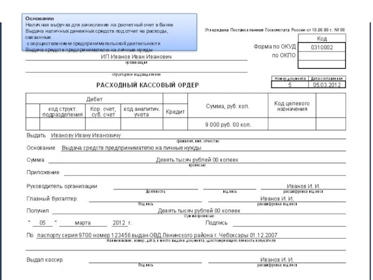 Основания Наличная выручка для зачисления на расчетный счет в банке