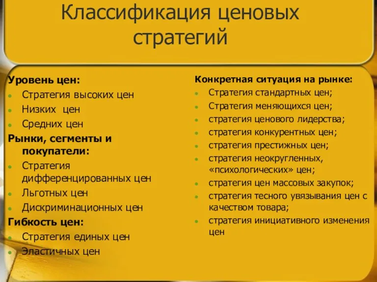 Классификация ценовых стратегий Уровень цен: Стратегия высоких цен Низких цен Средних цен Рынки,