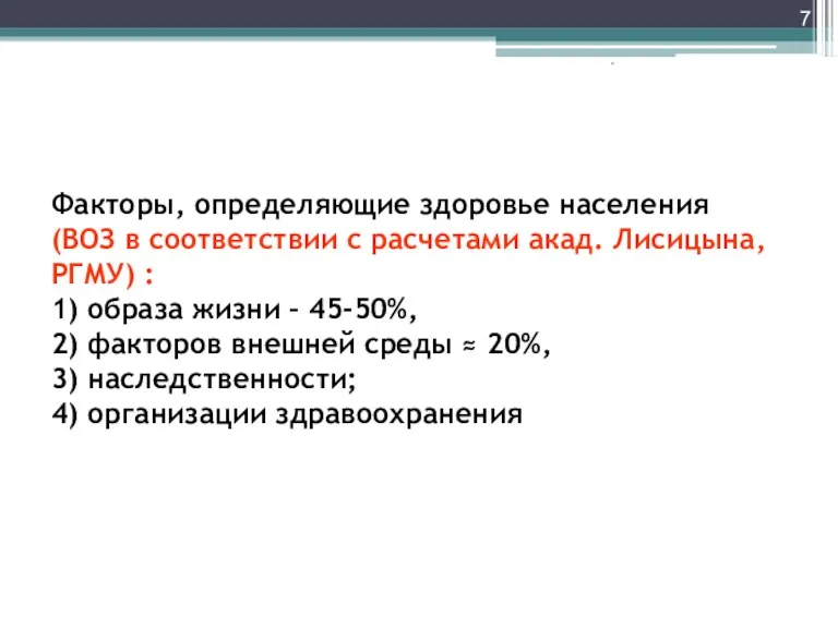 Факторы, определяющие здоровье населения (ВОЗ в соответствии с расчетами акад.