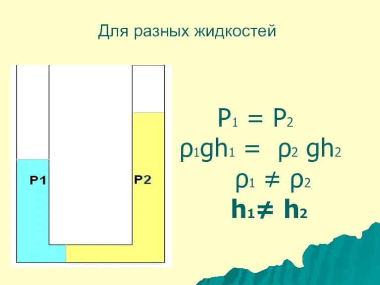 Р1 = Р2 ρ1gh1 = ρ2 gh2 ρ1 ≠ ρ2 h1≠ h2 Для разных жидкостей