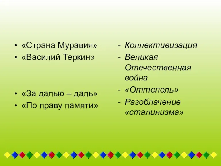 «Страна Муравия» «Василий Теркин» «За далью – даль» «По праву