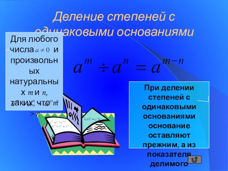 Деление степеней с одинаковыми основаниями Для любого числа и произвольных