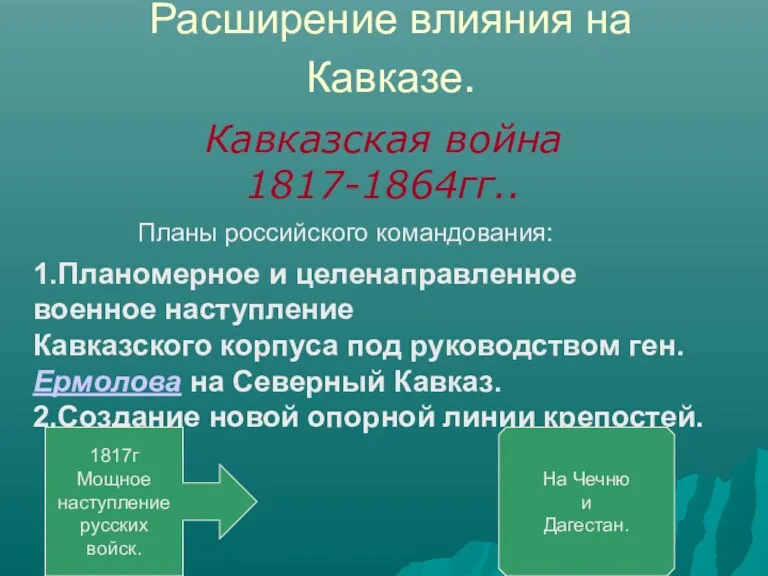 Расширение влияния на Кавказе. Кавказская война 1817-1864гг.. Планы российского командования: