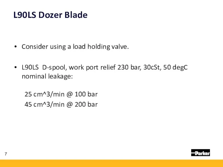L90LS Dozer Blade Consider using a load holding valve. L90LS D-spool, work port