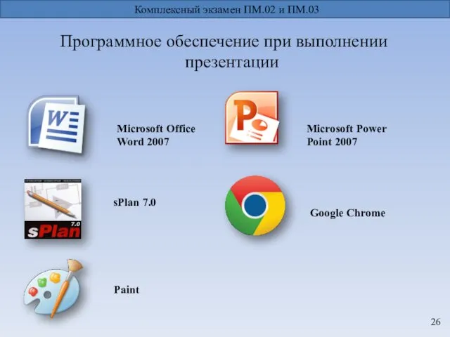 Программное обеспечение при выполнении презентации Комплексный экзамен ПМ.02 и ПМ.03