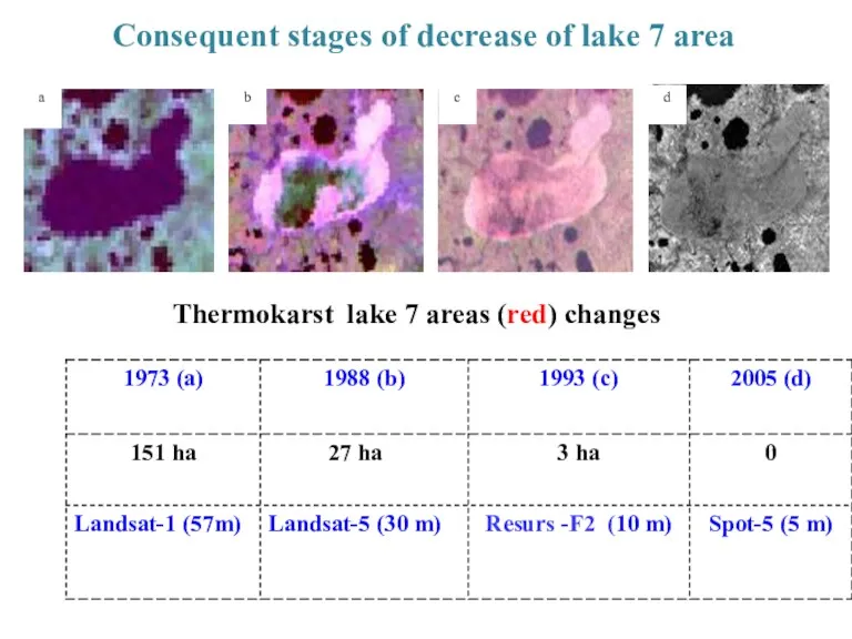 Consequent stages of decrease of lake 7 area Thermokarst lake 7 areas (red) changes