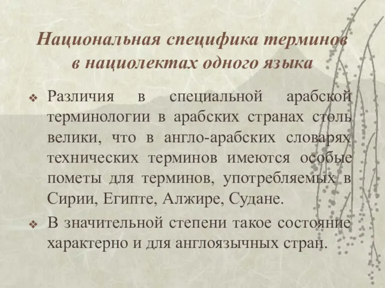 Национальная специфика терминов в нациолектах одного языка Различия в специальной