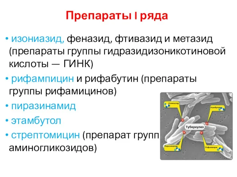 Препараты I ряда изониазид, феназид, фтивазид и метазид (препараты группы гидразидизоникотиновой кислоты —