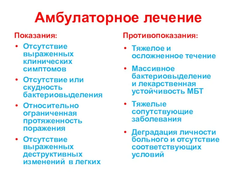 Амбулаторное лечение Показания: Отсутствие выраженных клинических симптомов Отсутствие или скудность бактериовыделения Относительно ограниченная