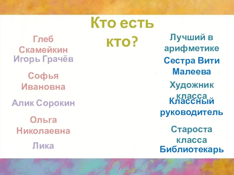 Глеб Скамейкин Софья Ивановна Игорь Грачёв Алик Сорокин Ольга Николаевна