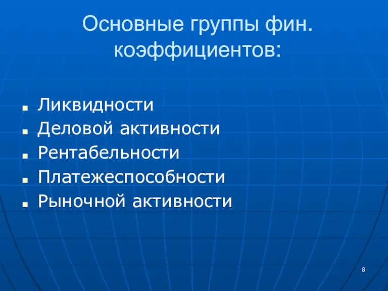 Основные группы фин. коэффициентов: Ликвидности Деловой активности Рентабельности Платежеспособности Рыночной активности