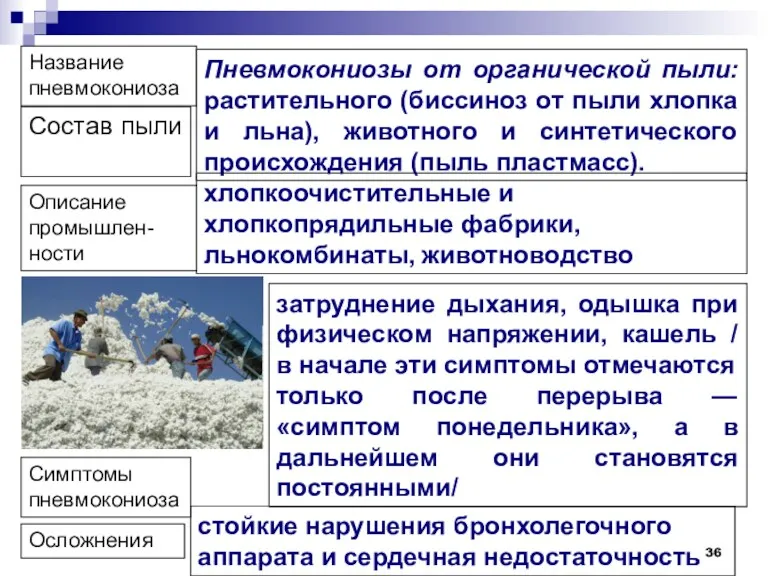 Название пневмокониоза Состав пыли Описание промышлен-ности Симптомы пневмокониоза Осложнения Пневмокониозы