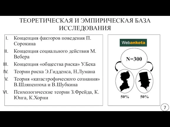 ТЕОРЕТИЧЕСКАЯ И ЭМПИРИЧЕСКАЯ БАЗА ИССЛЕДОВАНИЯ N=300 7 50% 50% Концепция