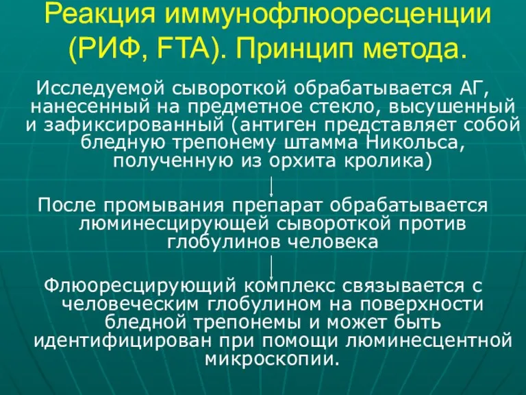 Реакция иммунофлюоресценции (РИФ, FTA). Принцип метода. Исследуемой сывороткой обрабатывается АГ,