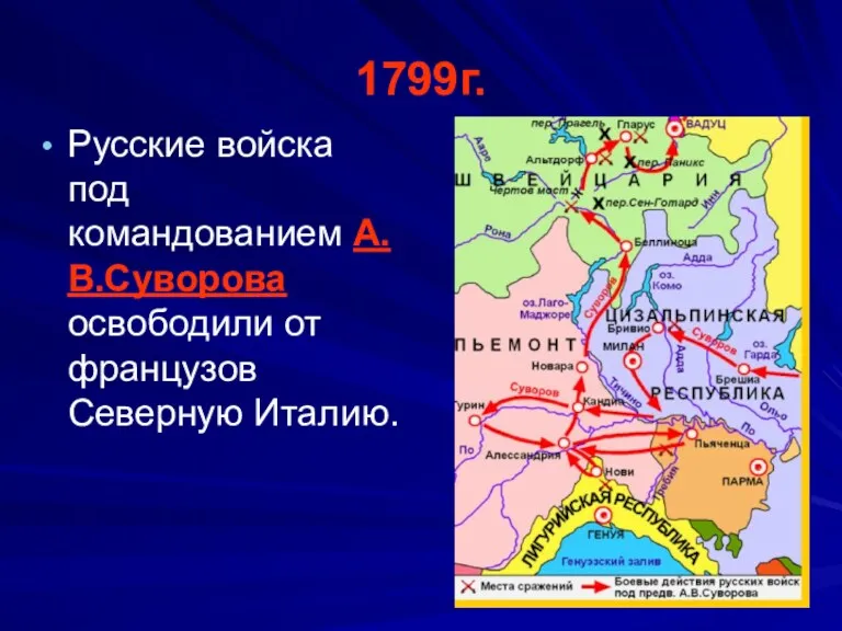 1799г. Русские войска под командованием А.В.Суворова освободили от французов Северную Италию.