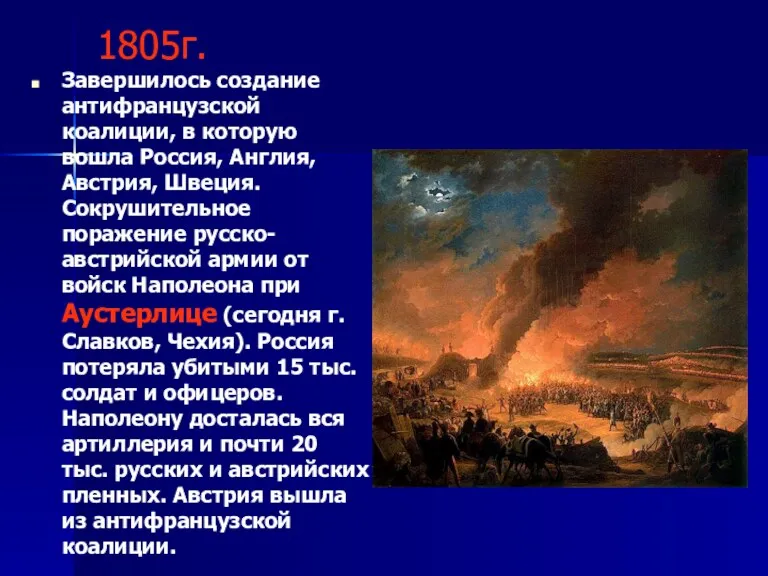 1805г. Завершилось создание антифранцузской коалиции, в которую вошла Россия, Англия,