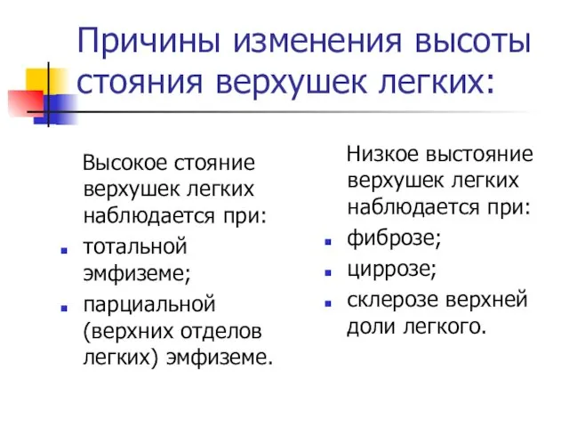 Причины изменения высоты стояния верхушек легких: Высокое стояние верхушек легких