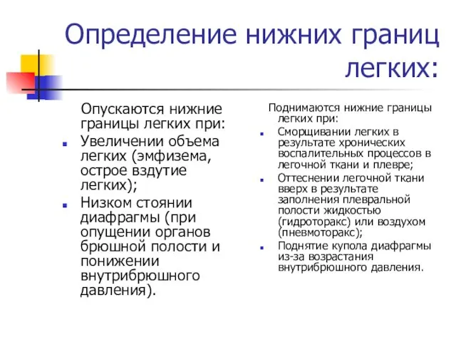 Определение нижних границ легких: Опускаются нижние границы легких при: Увеличении