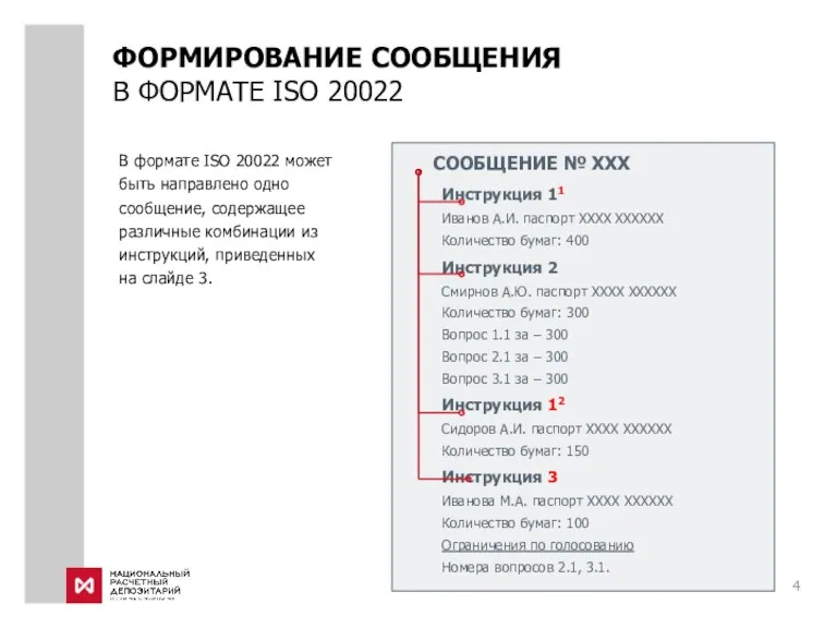 В формате ISO 20022 может быть направлено одно сообщение, содержащее различные комбинации из
