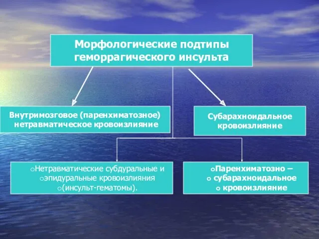 Морфологические подтипы геморрагического инсульта Внутримозговое (паренхиматозное) нетравматическое кровоизлияние Субарахноидальное кровоизлияние Паренхиматозно – субарахноидальное