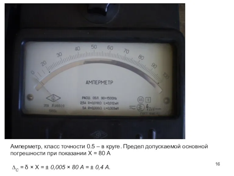 Амперметр, класс точности 0.5 – в круге. Предел допускаемой основной погрешности при показании