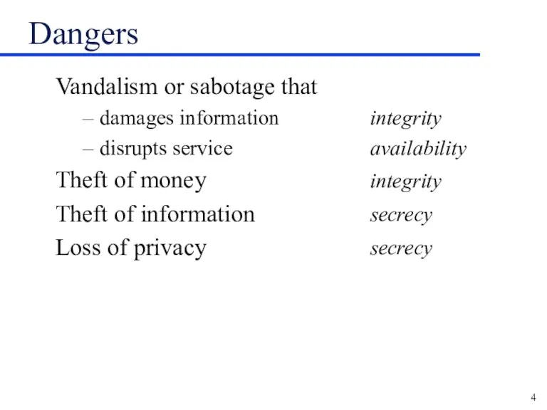 Dangers Vandalism or sabotage that damages information disrupts service Theft