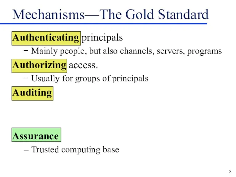 Mechanisms—The Gold Standard Authenticating principals Mainly people, but also channels,