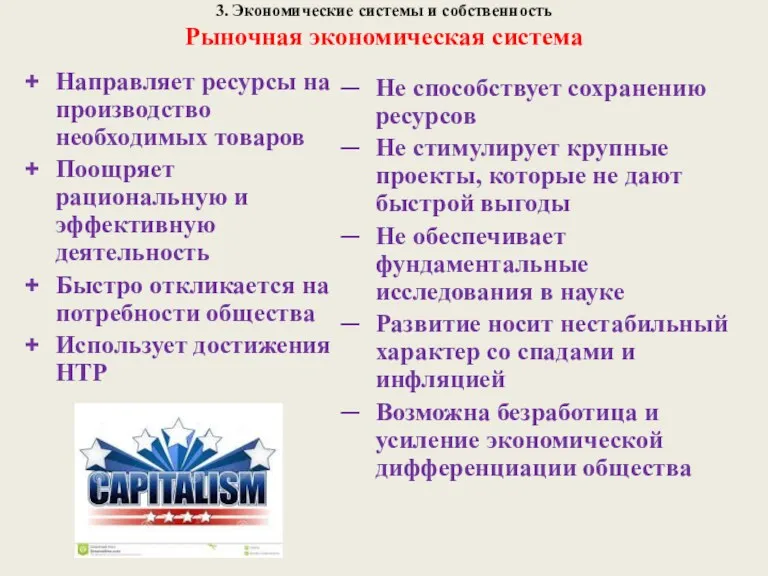 3. Экономические системы и собственность Рыночная экономическая система Направляет ресурсы