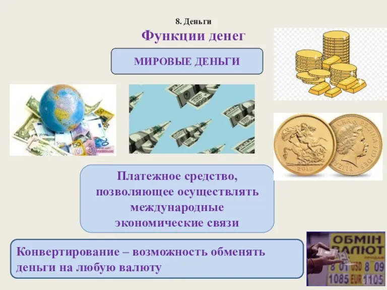 8. Деньги Функции денег МИРОВЫЕ ДЕНЬГИ Платежное средство, позволяющее осуществлять