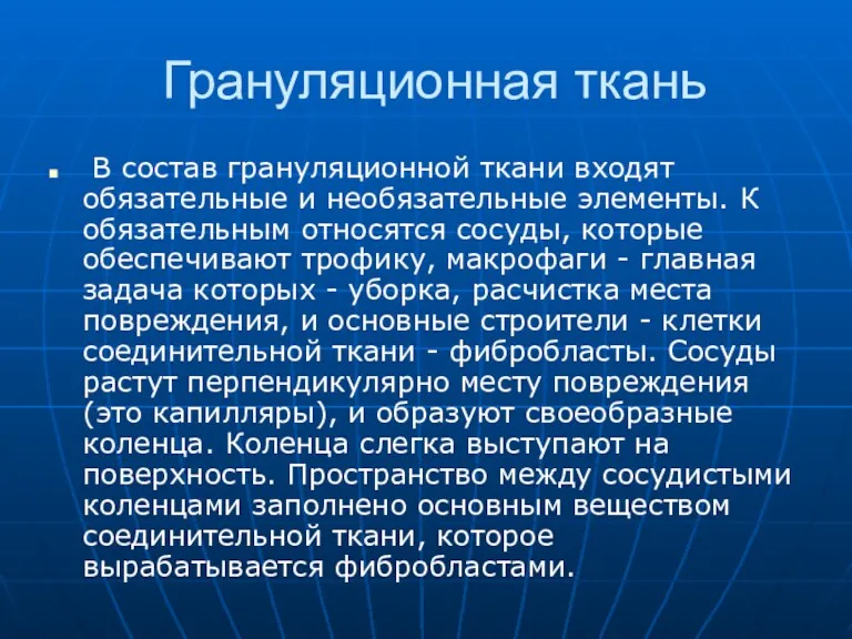 Грануляционная ткань В состав грануляционной ткани входят обязательные и необязательные