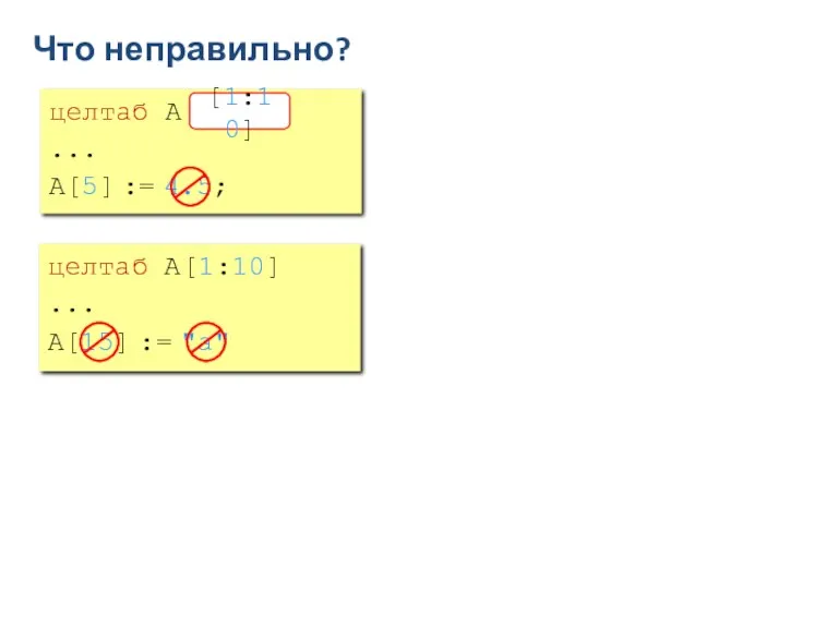 Что неправильно? целтаб A [10:1] ... A[5] := 4.5; [1:10] целтаб A[1:10] ... A[15] := "a"