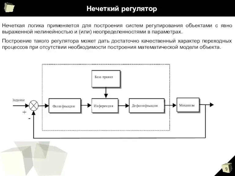 Нечеткий регулятор Нечеткая логика применяется для построения систем регулирования объектами