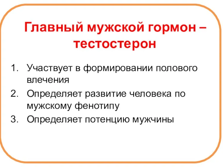 Главный мужской гормон –тестостерон Участвует в формировании полового влечения Определяет