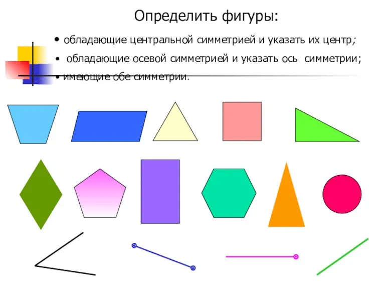 Определить фигуры: обладающие центральной симметрией и указать их центр; обладающие
