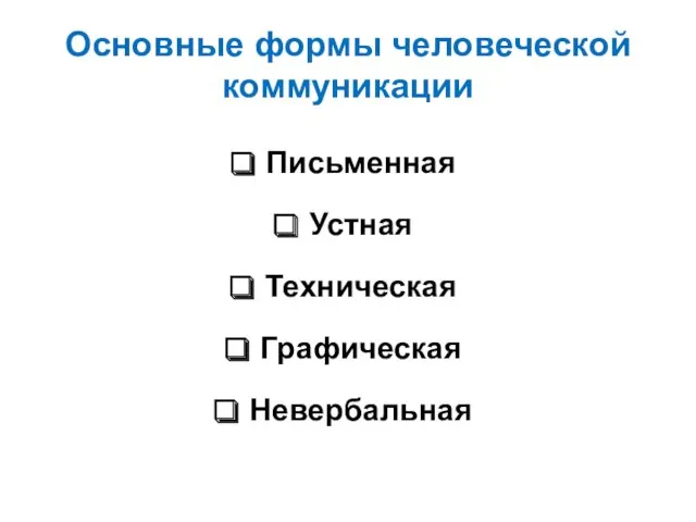 Основные формы человеческой коммуникации Письменная Устная Техническая Графическая Невербальная