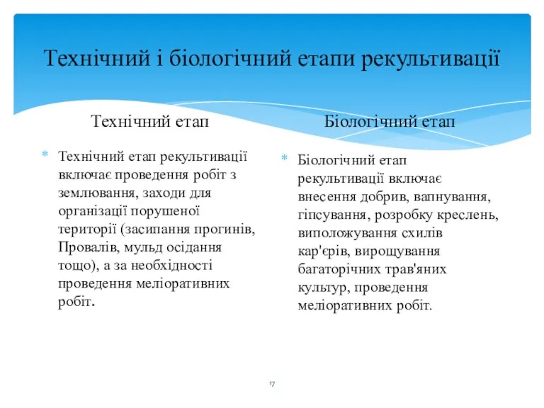 Технічний і біологічний етапи рекультивації Технічний етап Технічний етап рекультивації