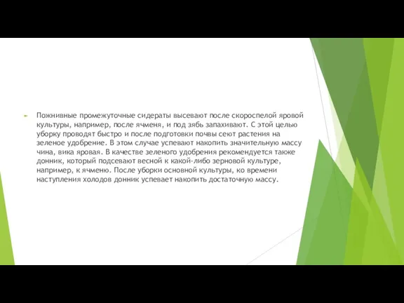 Пожнивные промежуточные сидераты высевают после скороспелой яровой культуры, например, после