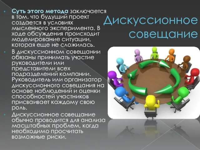 Дискуссионное совещание Суть этого метода заключается в том, что будущий