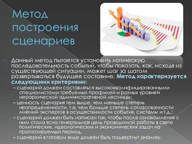 Метод построения сценариев Данный метод пытается установить логическую последовательность событий,