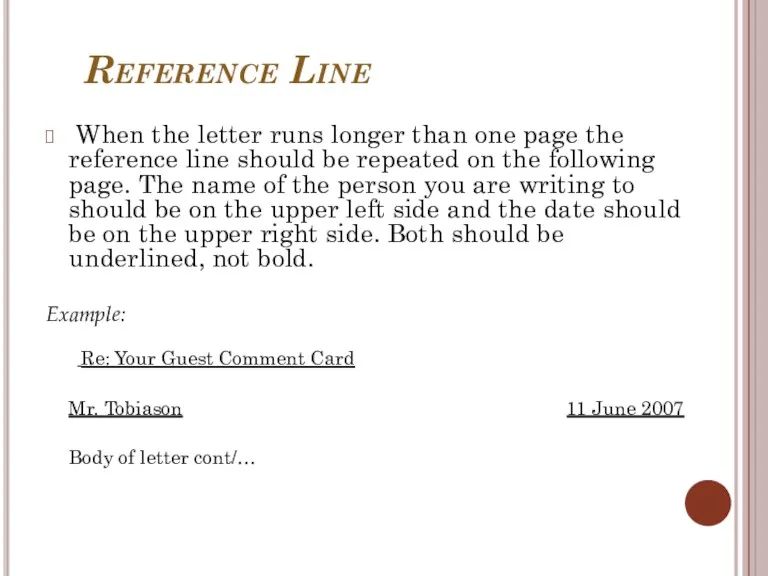 Reference Line When the letter runs longer than one page