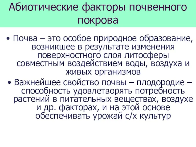 Абиотические факторы почвенного покрова Почва – это особое природное образование,