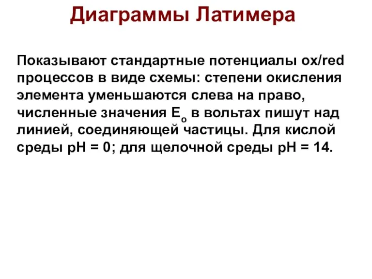 Диаграммы Латимера Показывают стандартные потенциалы ox/red процессов в виде схемы: