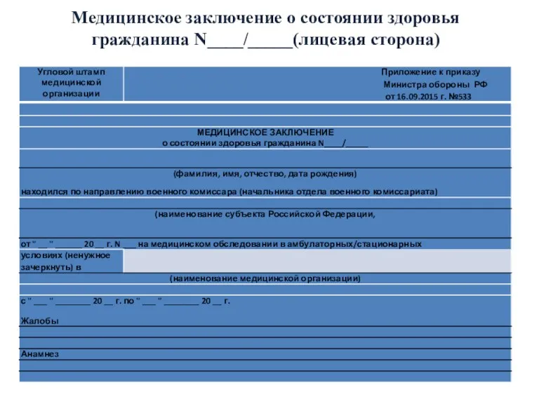 Медицинское заключение о состоянии здоровья гражданина N____/_____(лицевая сторона)