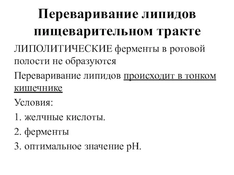 Переваривание липидов пищеварительном тракте ЛИПОЛИТИЧЕСКИЕ ферменты в ротовой полости не