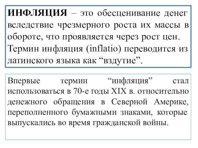 ИНФЛЯЦИЯ – это обесценивание денег вследствие чрезмерного роста их массы