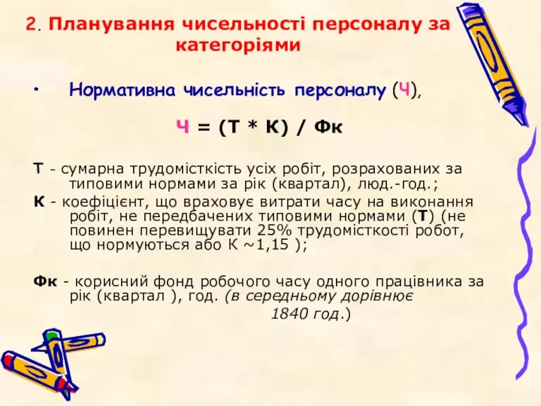 2. Планування чисельності персоналу за категоріями Нормативна чисельність персоналу (Ч), Ч = (Т